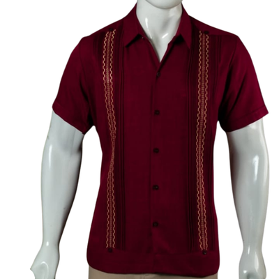 front view of burgundy short sleeve guayabera