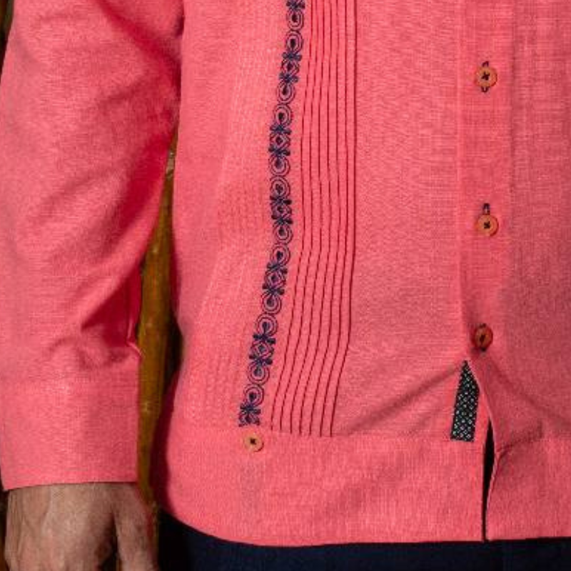 front view of coral pink guayabera shirt