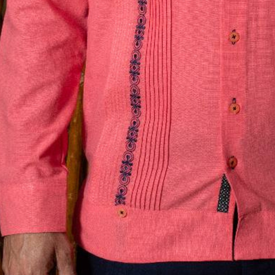 front view of coral pink guayabera shirt