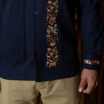 front view of dark indigo guayabera shirt handmade