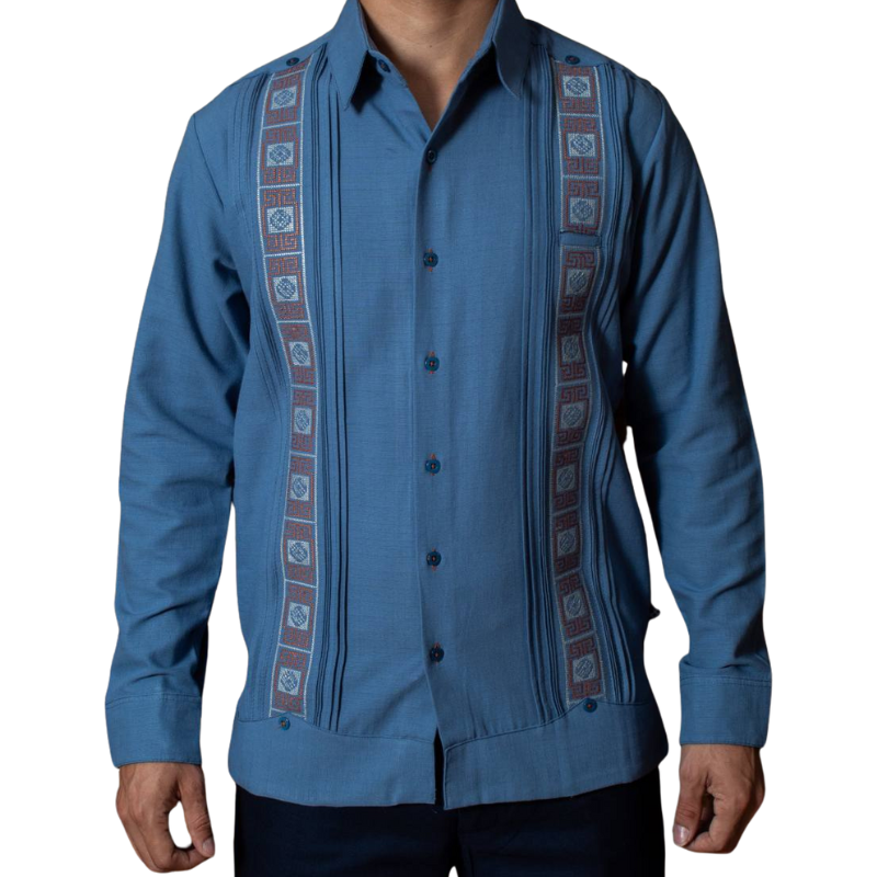 front view of embroidered blue guayabera shirt handmade Yucatán
