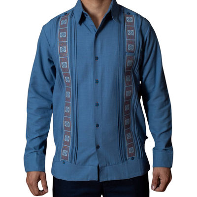 front view of embroidered blue guayabera shirt handmade Yucatán