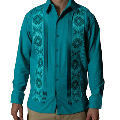 front view of handmade jade green guayabera shirt