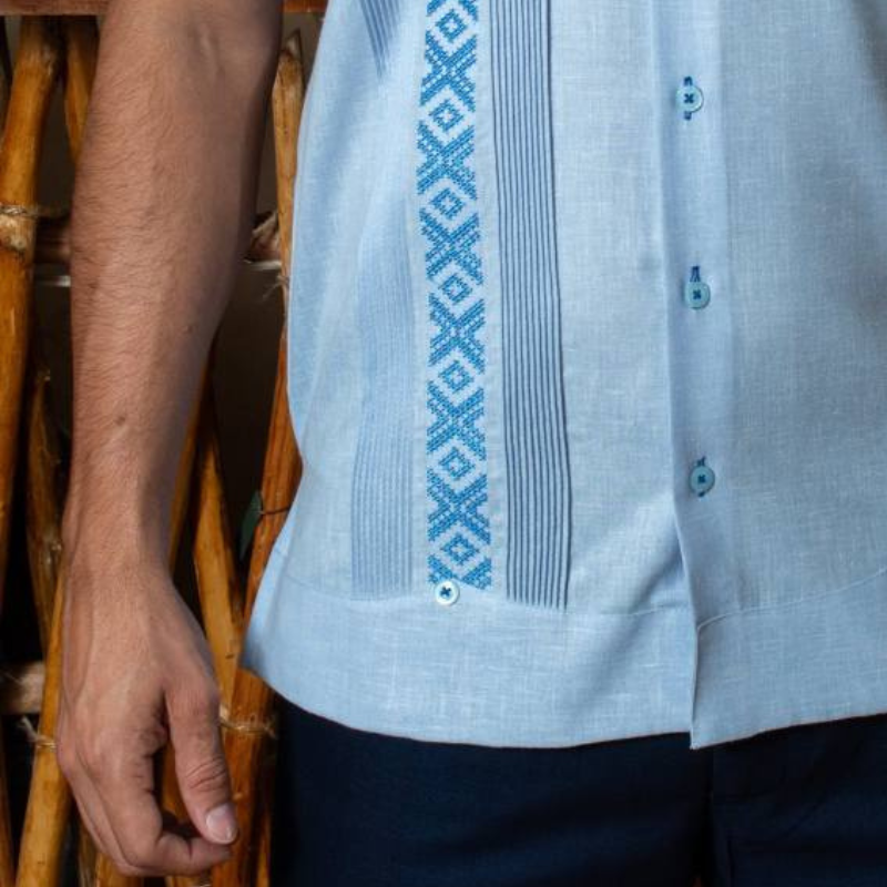 front view of handmade sky blue guayabera shirt linen cotton