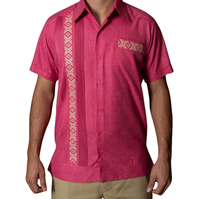 front view of mexican pink guayabera shirt