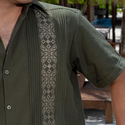 front view of military green guayabera shirt