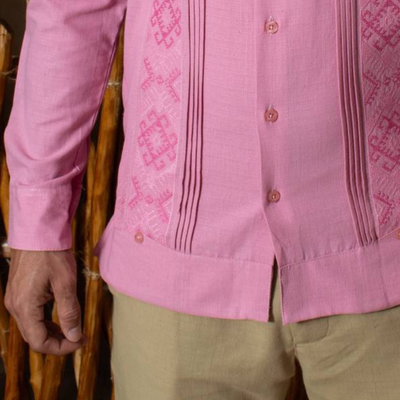 front view of pastel pink embroidered guayabera long sleeve