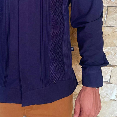 front view of royal blue guayabera shirt handmade