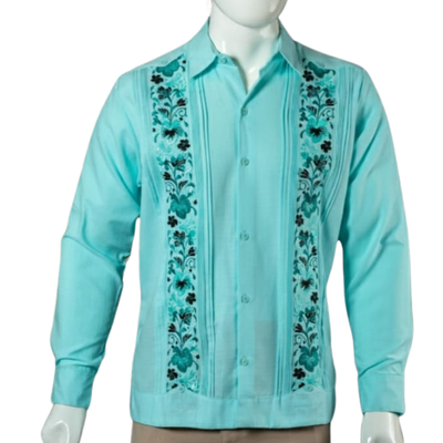 front view of sea green guayabera shirt handcrafted Yucatan