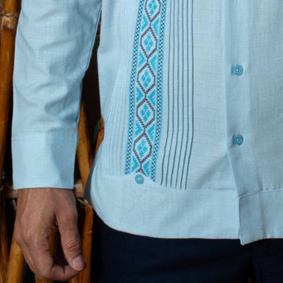 front view of sky blue long sleeve guayabera handmade in Yucatán