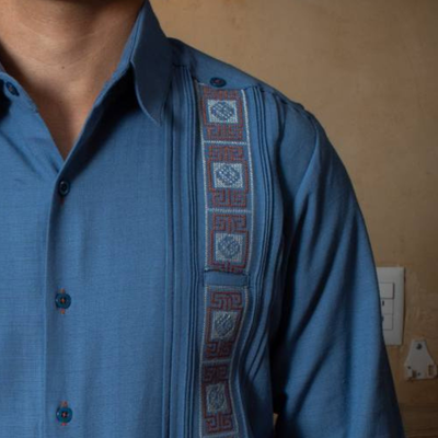 hand embroidery detail on blue jay guayabera shirt