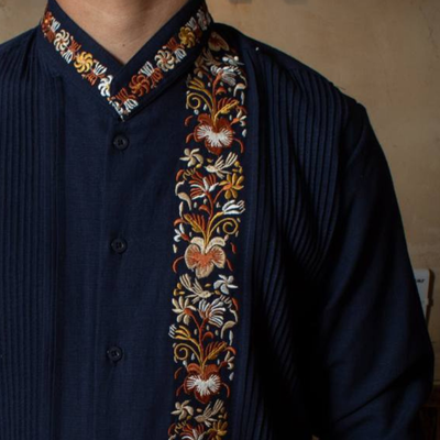 hand embroidery on chest dark indigo guayabera shirt