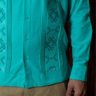 man wearing Persian green guayabera shirt short sleeve