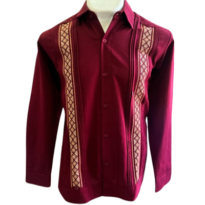 man wearing burgundy guayabera
