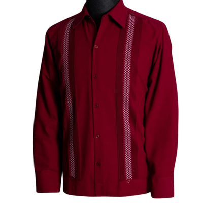 man wearing cherry red guayabera shirt