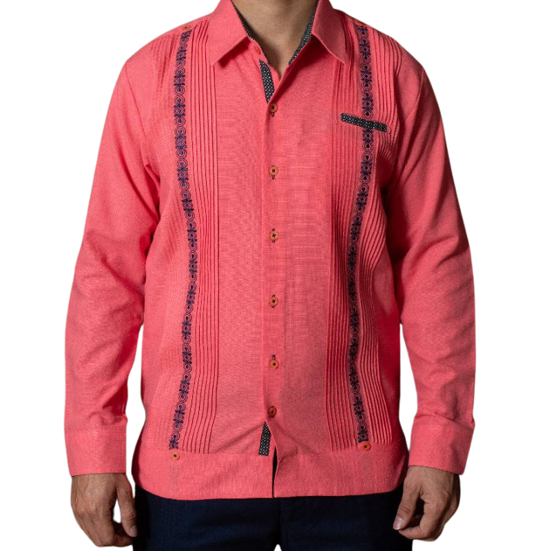 man wearing coral pink guayabera shirt