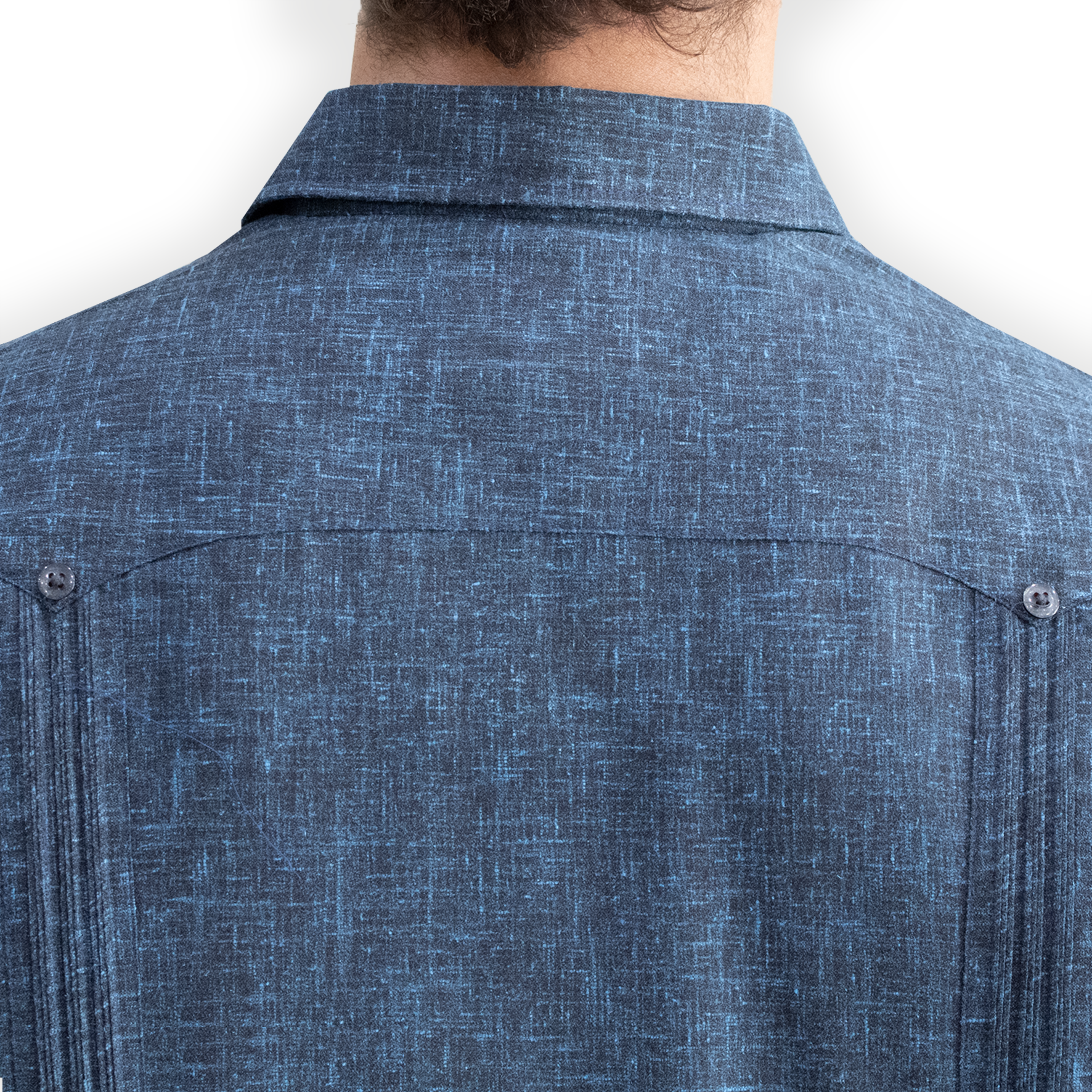 man wearing cuban dark blue short sleeve guayabera