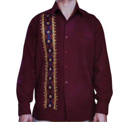 man wearing dark red guayabera shirt