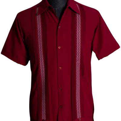man wearing deep red short sleeve guayabera