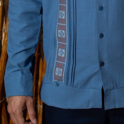 man wearing embroidered blue jay guayabera shirt linen cotton