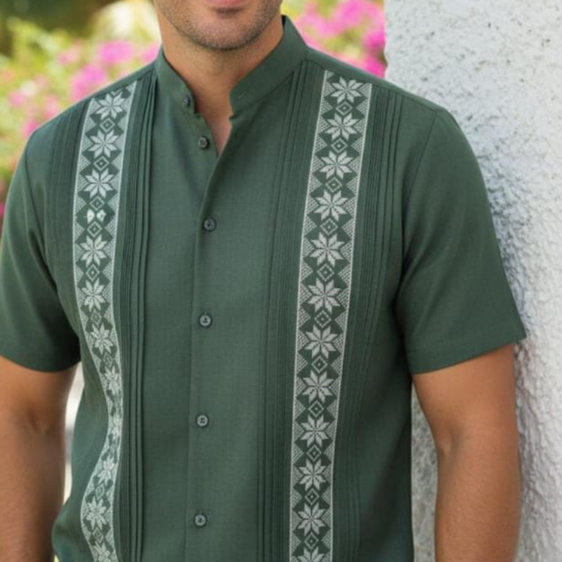 man wearing hunter green guayabera shirt long sleeve