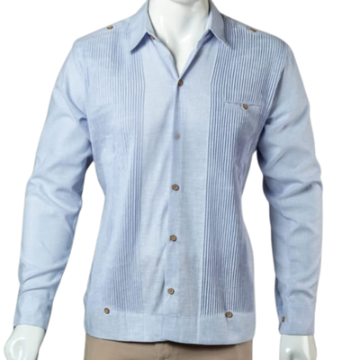 man wearing presidential light blue guayabera