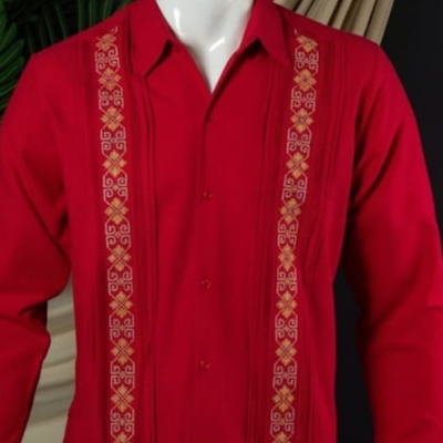 man wearing red long sleeve embroidered guayabera