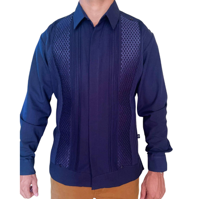 man wearing royal blue guayabera shirt