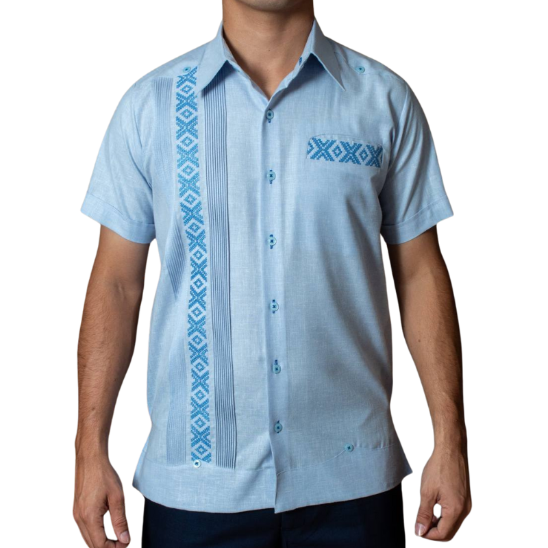 man wearing short sleeve embroidered sky blue guayabera