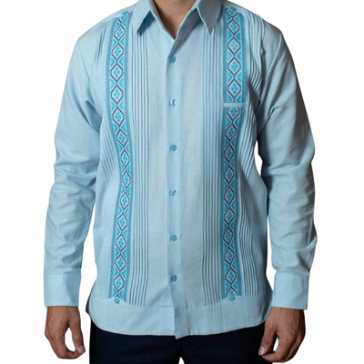 man wearing sky blue embroidered guayabera long sleeve