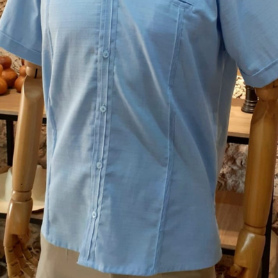 man wearing sky blue mandarin collar guayabera