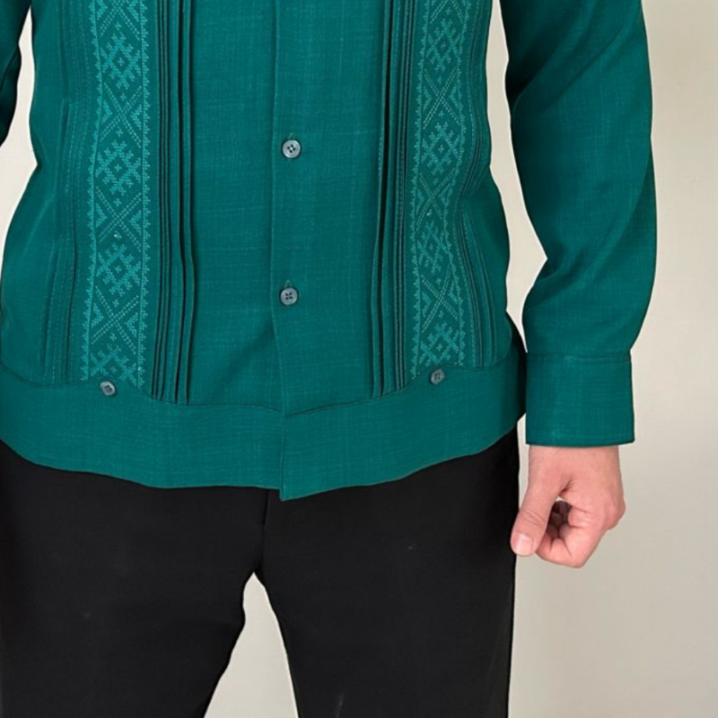 man wearing tropical green guayabera shirt short sleeve