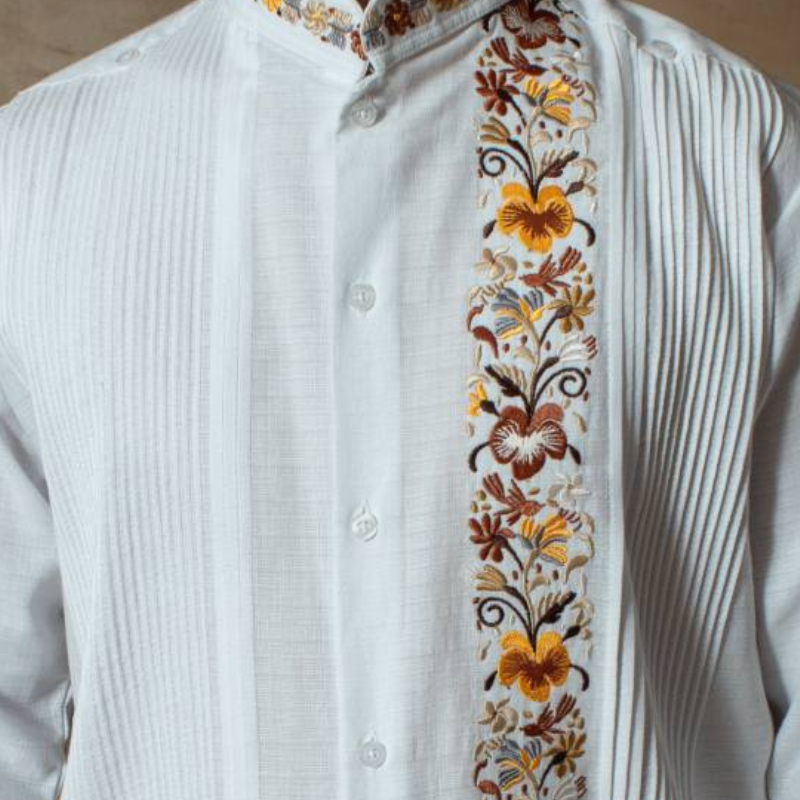 Mexican embroidered guayabera with brown embroidery