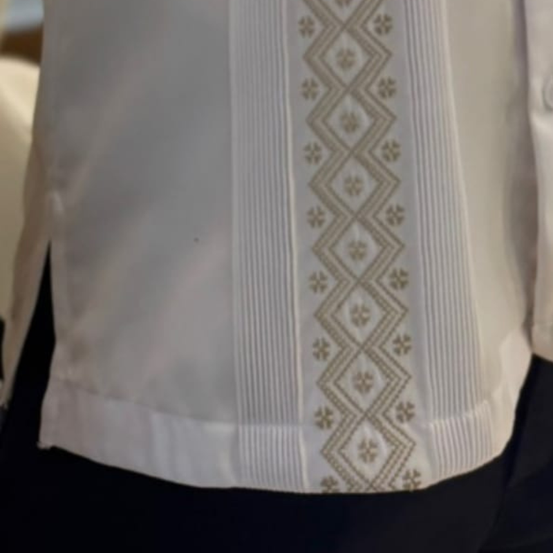 white short sleeve guayabera with beige embroidery