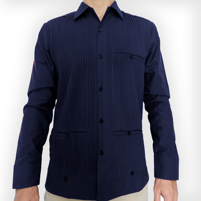 mother-of-pearl button detail on navy blue guayabera
