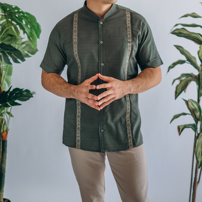 olive green short sleeve guayabera shirt for men
