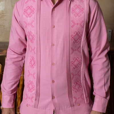 pastel pink embroidered long sleeve guayabera for men