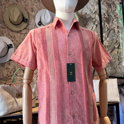 pink embroidered short sleeve guayabera