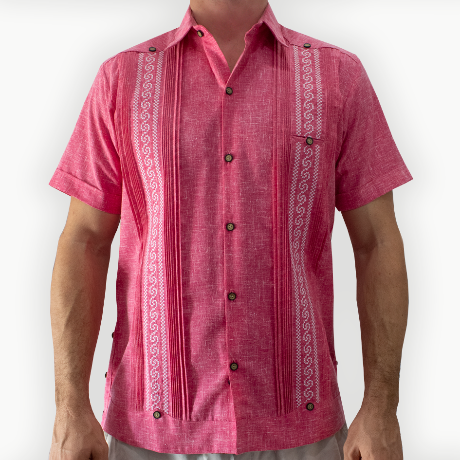 pink short sleeve embroidered guayabera for men