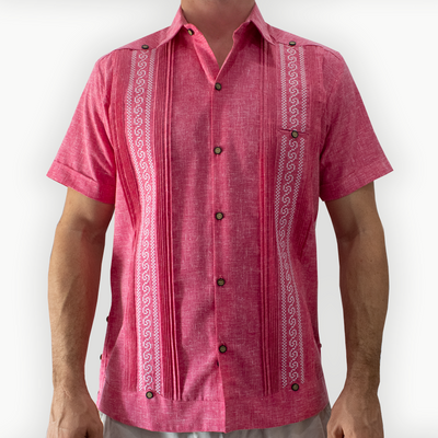 pink short sleeve embroidered guayabera for men