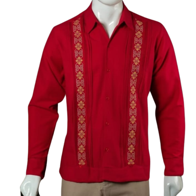 red long sleeve embroidered guayabera for men
