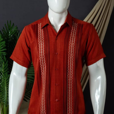 red short sleeve embroidered guayabera for men
