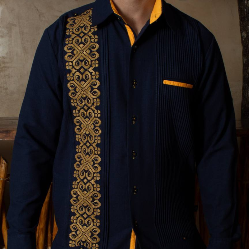 royal blue guayabera with yellow embroidery for men