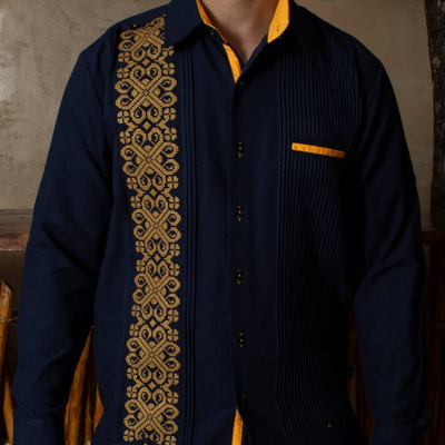 royal blue guayabera with yellow embroidery for men