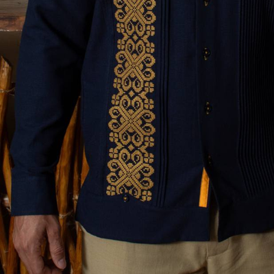 royal blue guayabera yellow embroidery for men