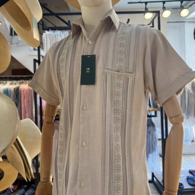short sleeve beige embroidered guayabera for men