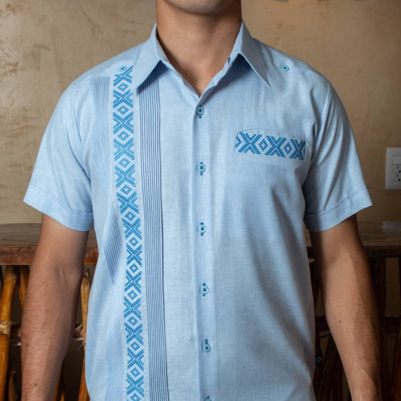 sky blue embroidered guayabera short sleeve for men
