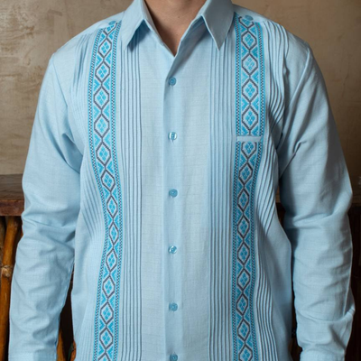 sky blue embroidered long sleeve guayabera for men