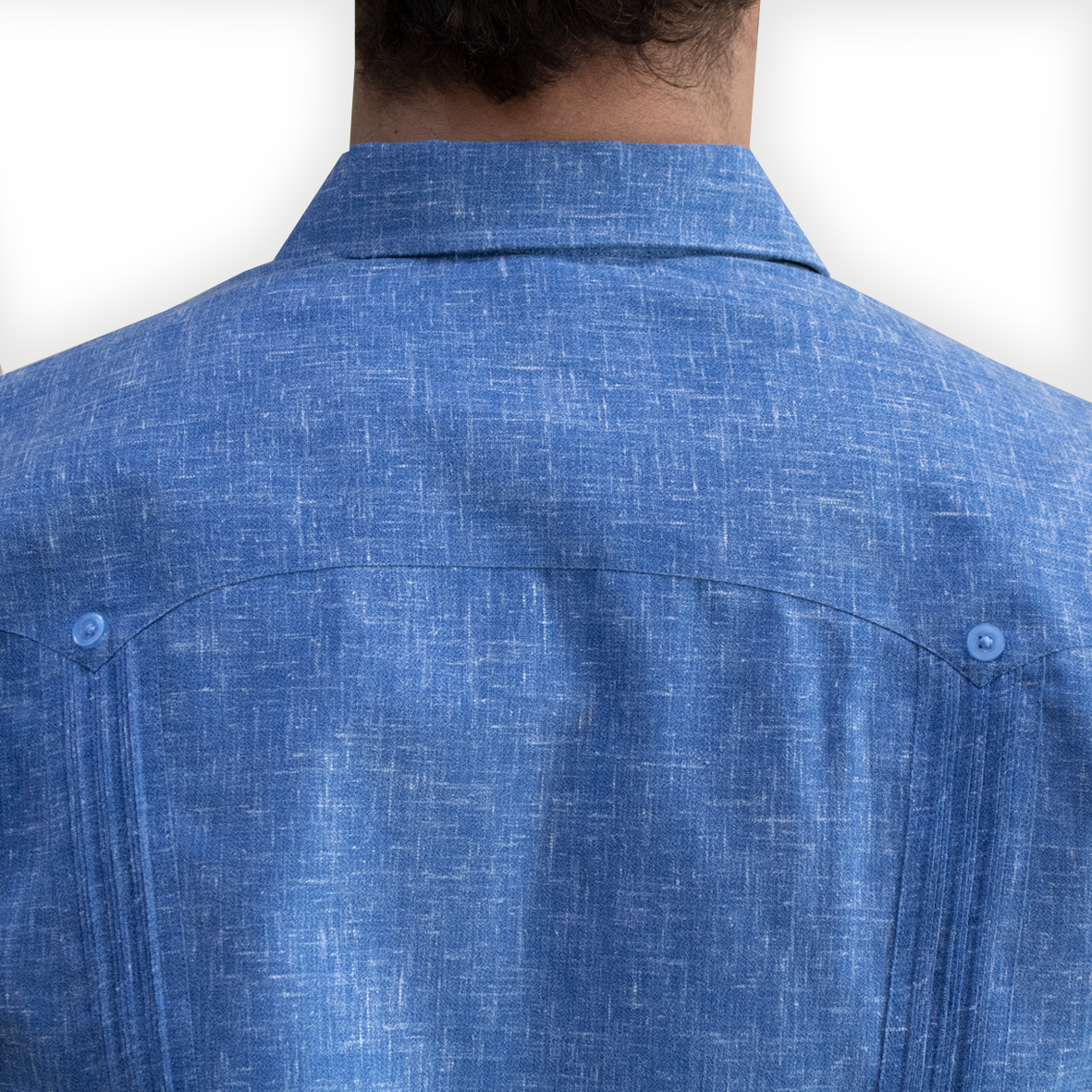 traditional pleat detail on cuban blue short sleeve guayabera
