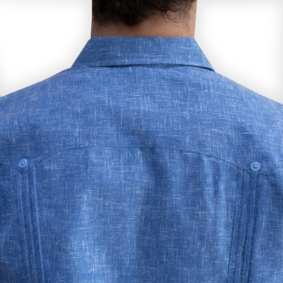 traditional pleat detail on cuban blue short sleeve guayabera